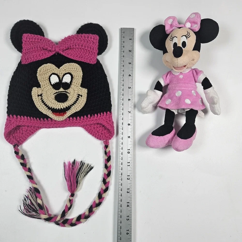 Disney Minnie Mouse Knit Hat Plush Bundle Girls OS Black Pink Crochet Beanie Toy